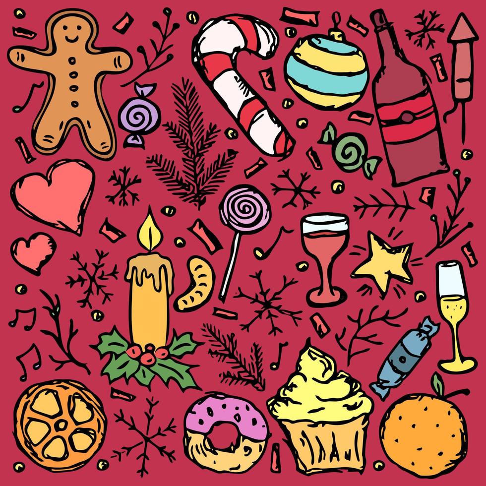 iconos de navidad. fondo de año nuevo. ilustración de fideos con iconos de navidad y año nuevo vector