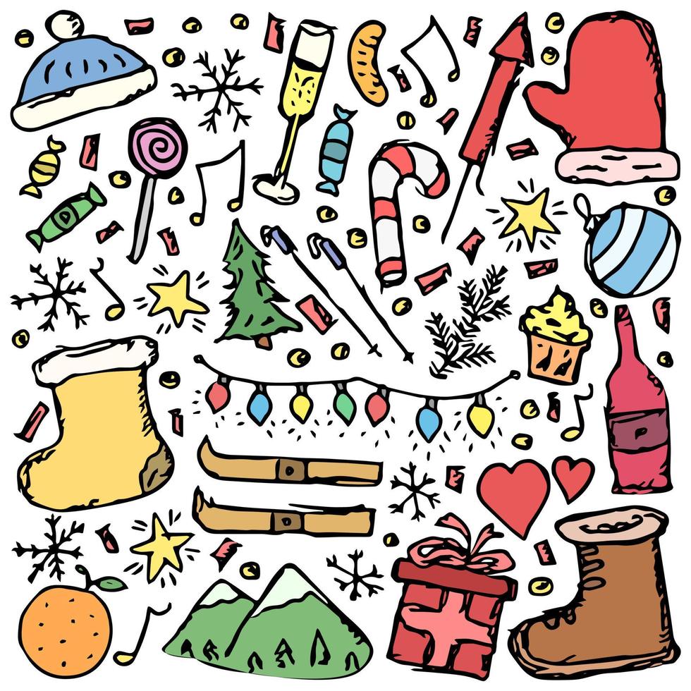 iconos de navidad. fondo de año nuevo. ilustración de fideos con iconos de navidad y año nuevo vector