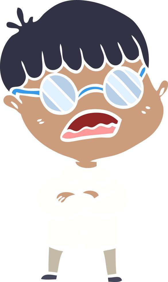 flat color style cartoon boy with crossed arms wearing spectacles vector
