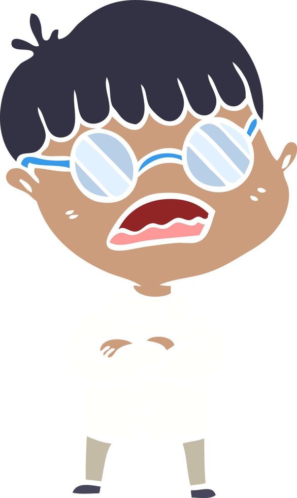 niño de dibujos animados de estilo de color plano con los brazos cruzados con gafas vector