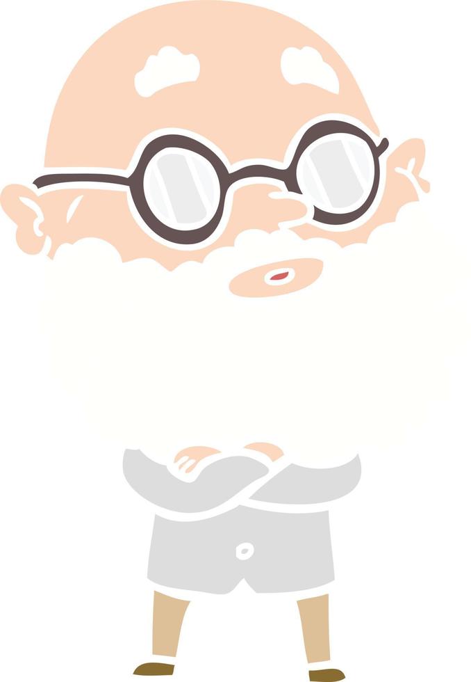 hombre curioso de dibujos animados de estilo de color plano con barba y gafas vector