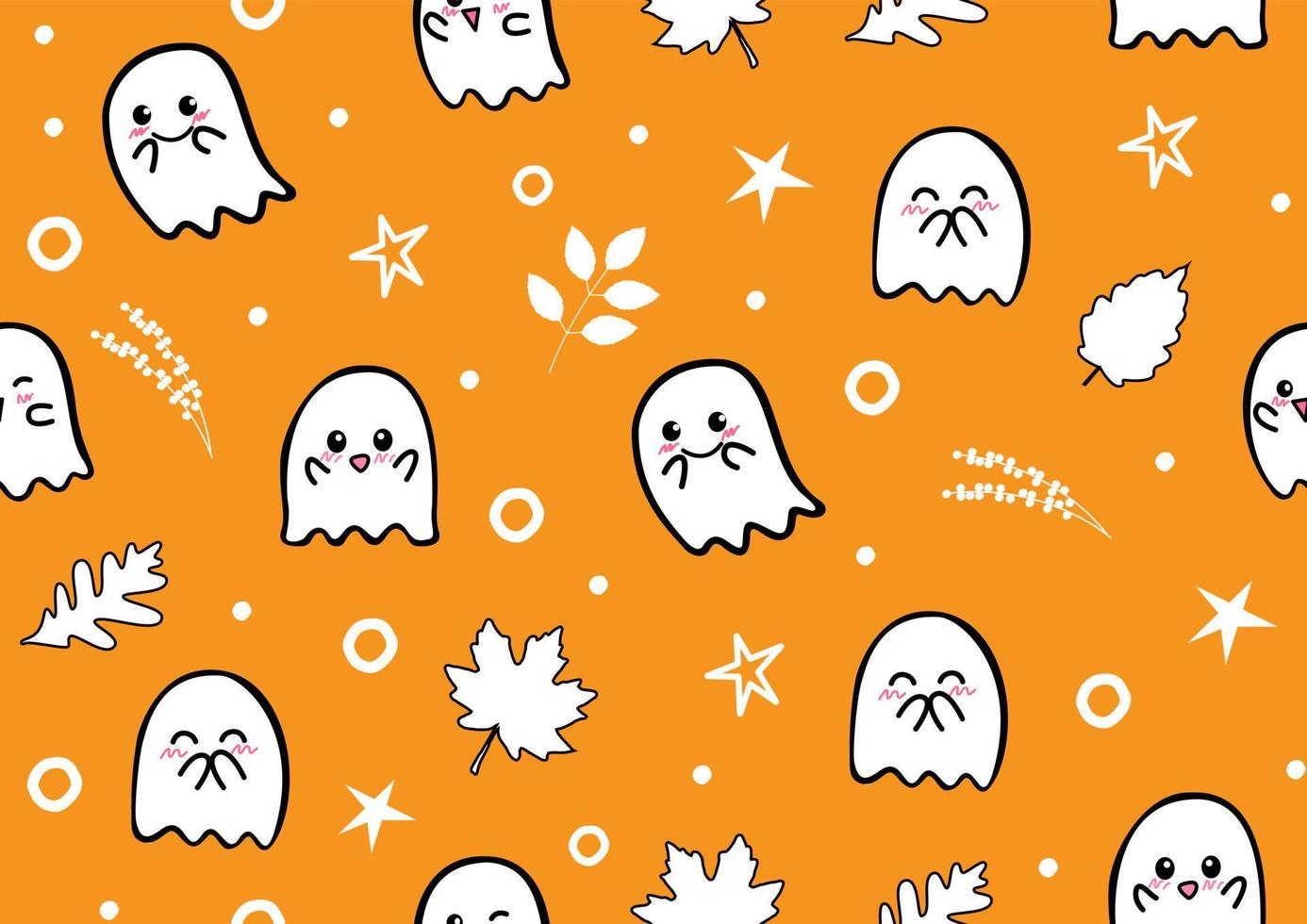 Cute ghosts in cartoon character with autumn leaves and decorated objects on orange background. Gift wrap and wallpaper in seamless and flat style. vector