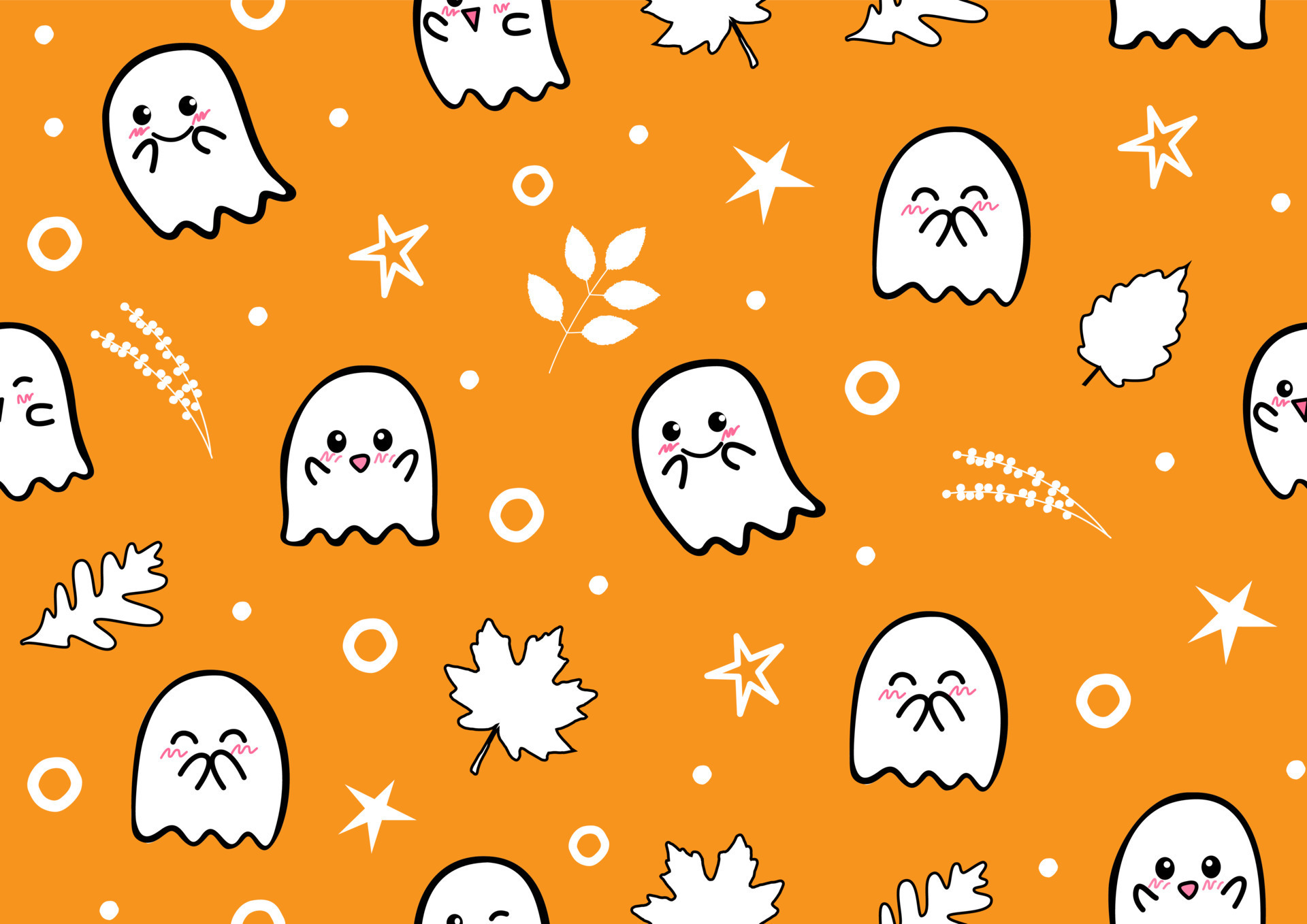 Cute ghosts in cartoon character with autumn leaves and decorated objects on orange background. Gift wrap and wallpaper in seamless and flat style. 12132631 Vector Art at Vecteezy Cute ghosts in cartoon character with autumn leaves and decorated objects on orange background. Gift wrap and wallpaper in seamless and flat style. 12132631 Vector Art at Vecteezy