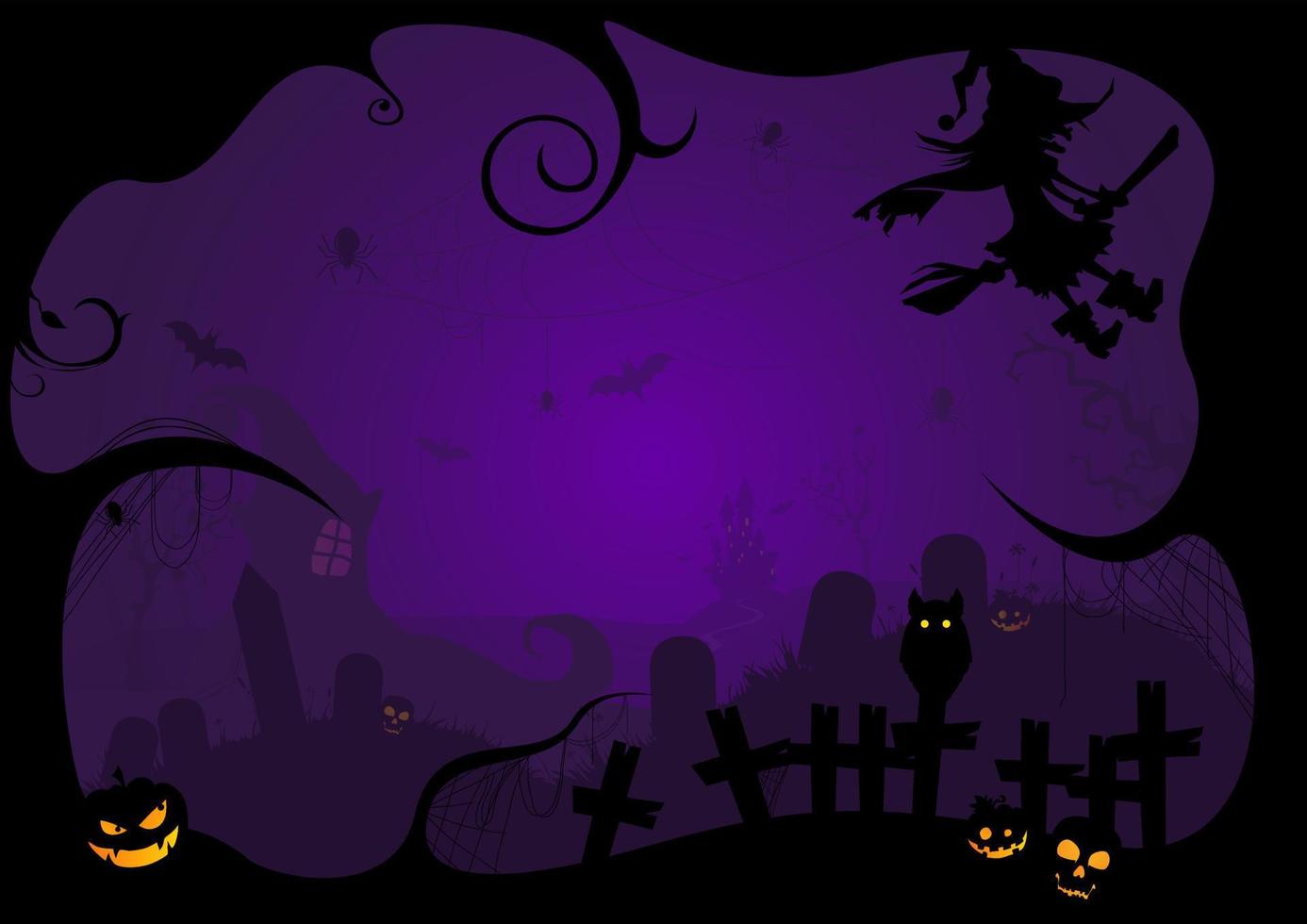 Greeting card and poster Black silhouette of Halloween day horror night scene purple background. vector