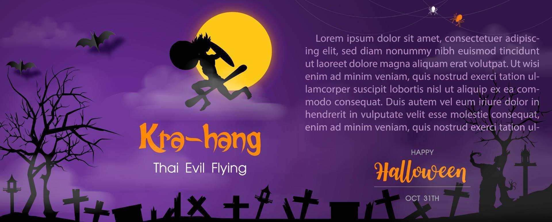 Thai evil spirit with the name's Kra-hang and example texts on full moon, silhouette graveyard and fog scene purple background. vector