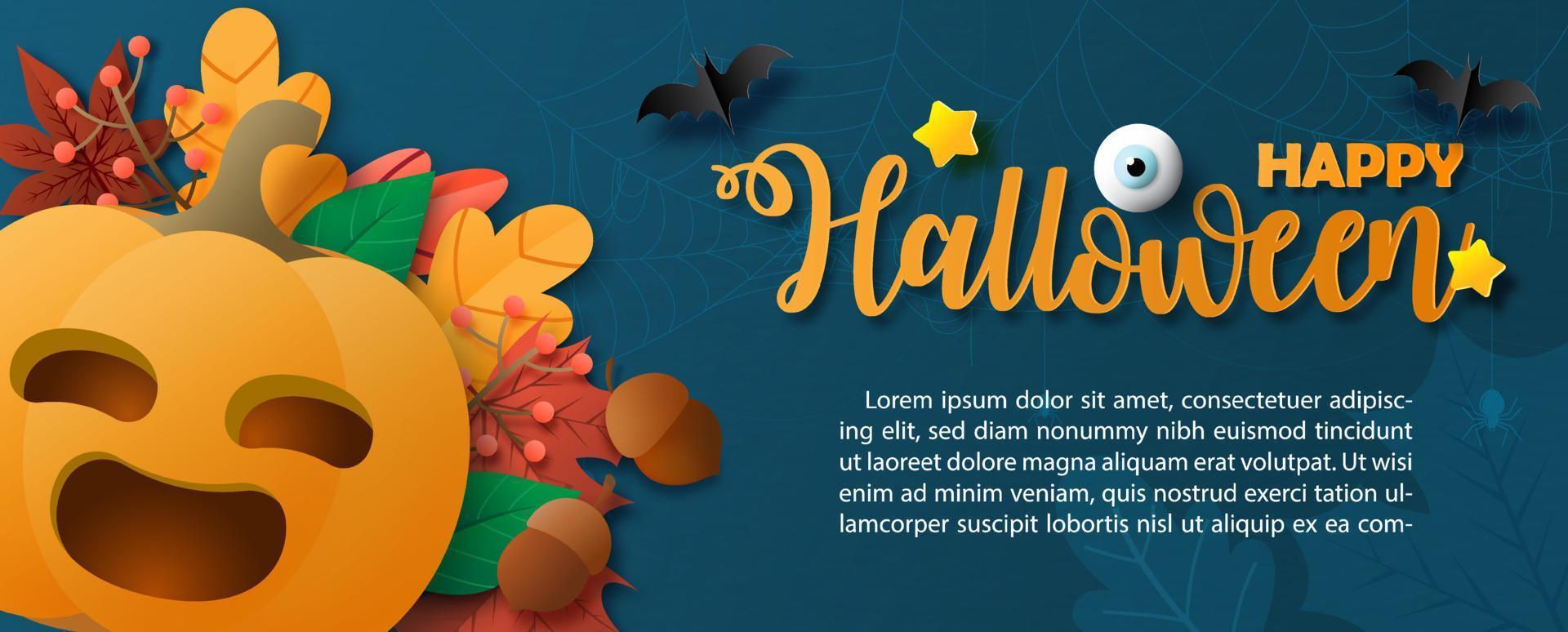 Jack' o lantern on autumn leave with wording of Halloween and example texts on navy blue paper pattern background. Halloween greeting card in paper cut style and banner vector design.