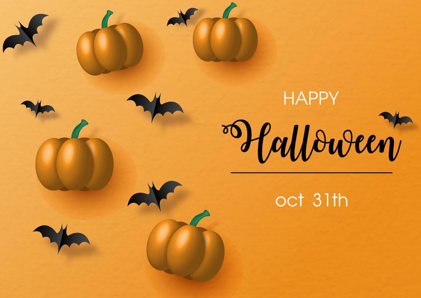 Pumpkins in 3d with bats flying in paper cut style and the day and name of event on orange background. Greeting card and poster of Halloween day in vector design.