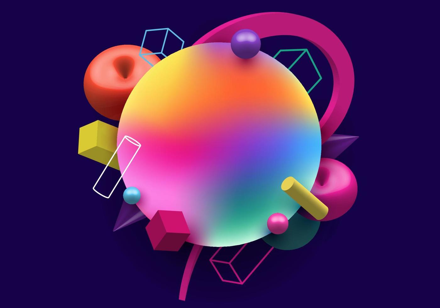 Abstract colorful 3D geometric shapes elements on dark blue background vector