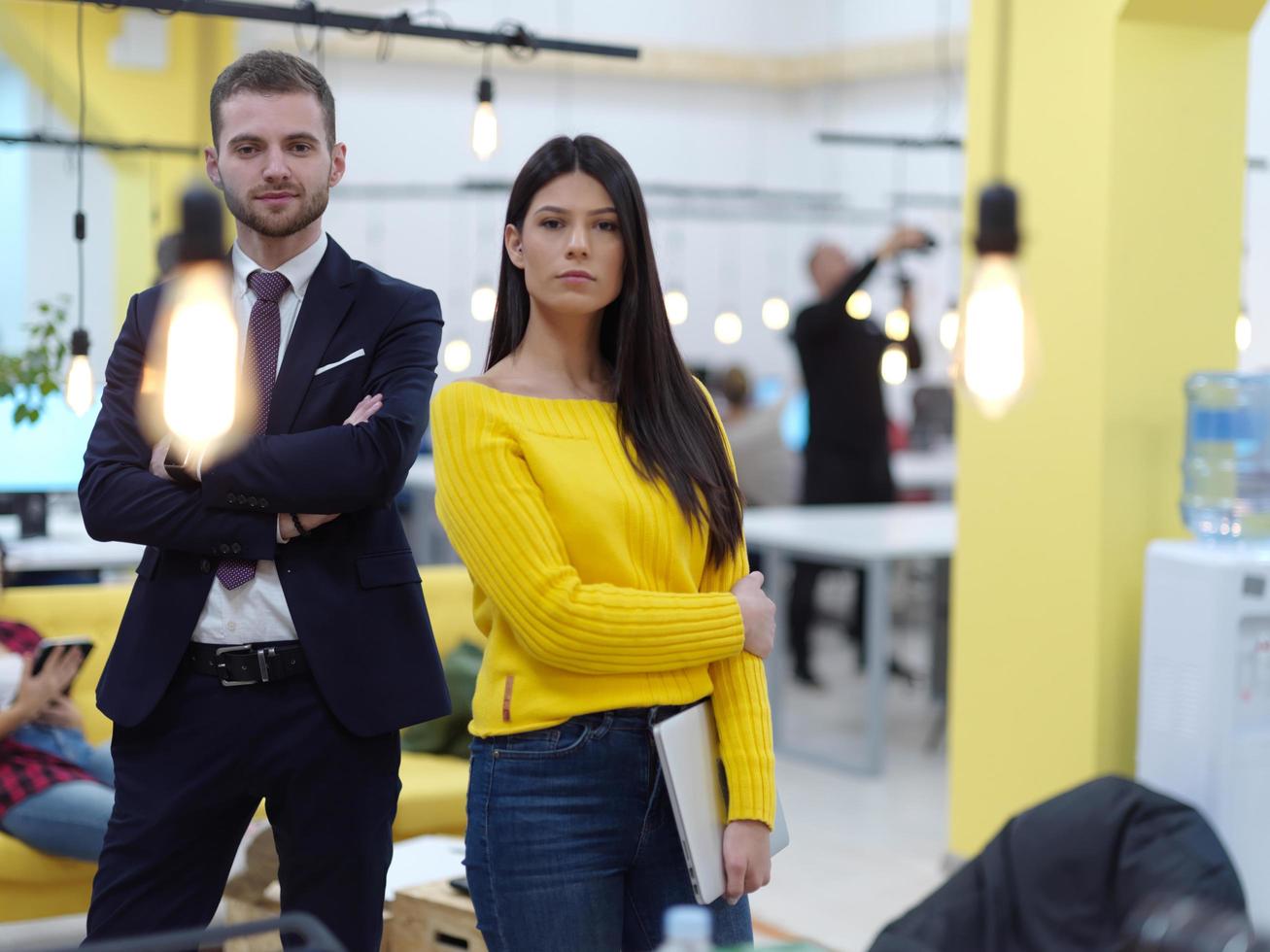 business team working together on project at modern coworking office photo