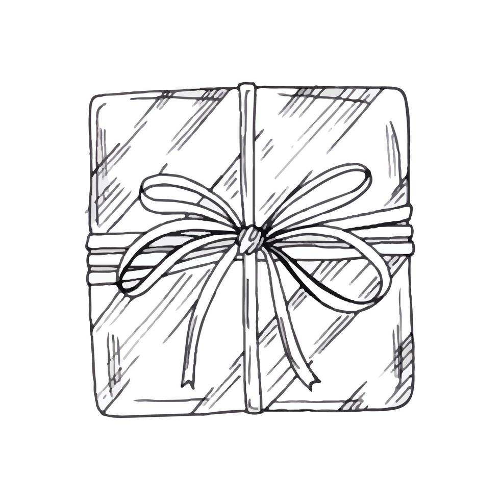 Gift box with ribbon. Hand drawn doodle sketch. Isolated holiday items. Vector image.