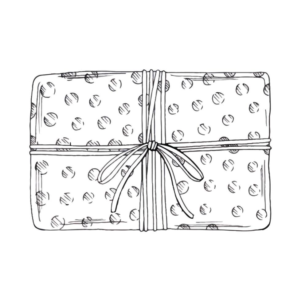 Gift box with ribbon. Hand drawn doodle sketch. Isolated holiday items. Vector image.