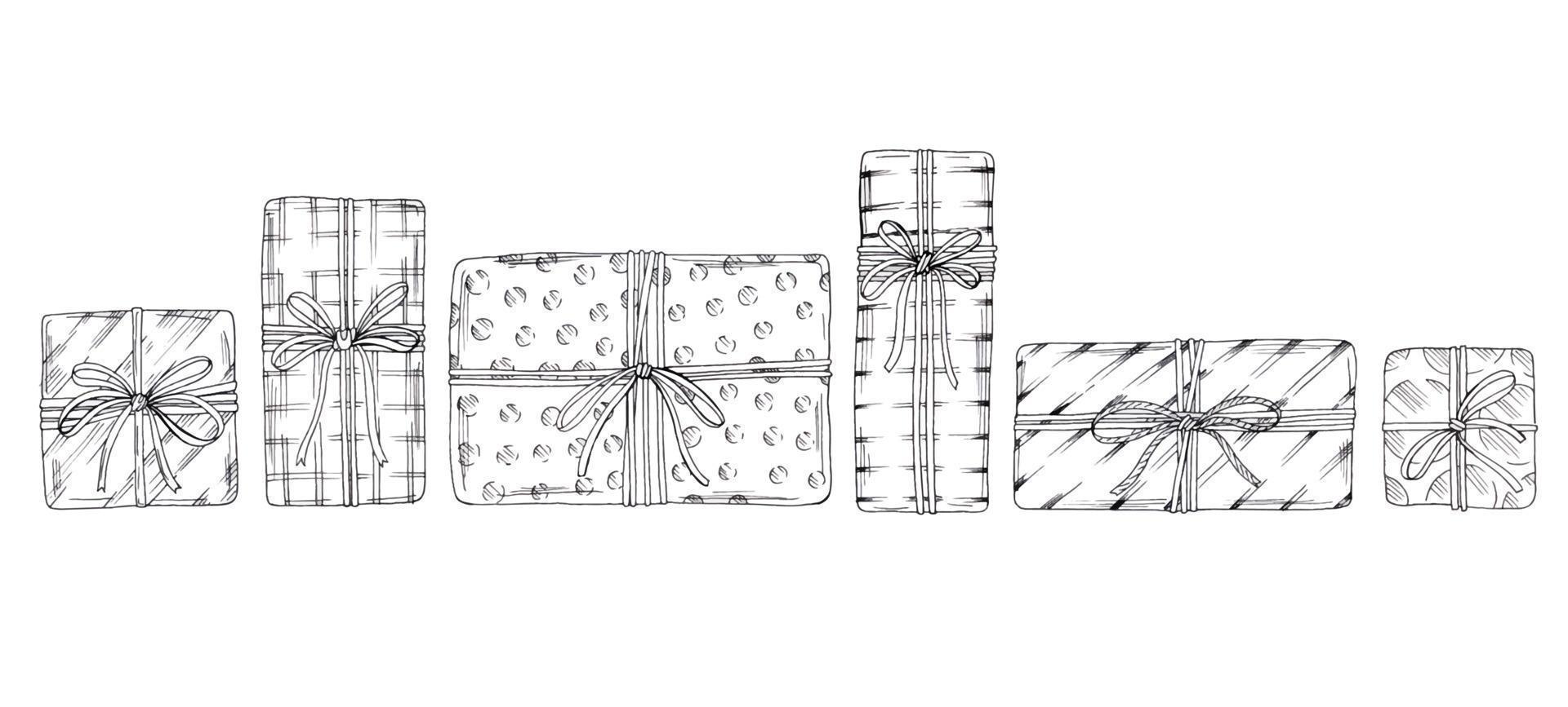 Gift boxes with ribbons set. Hand drawn doodle sketch. Isolated holiday items. Vector image.