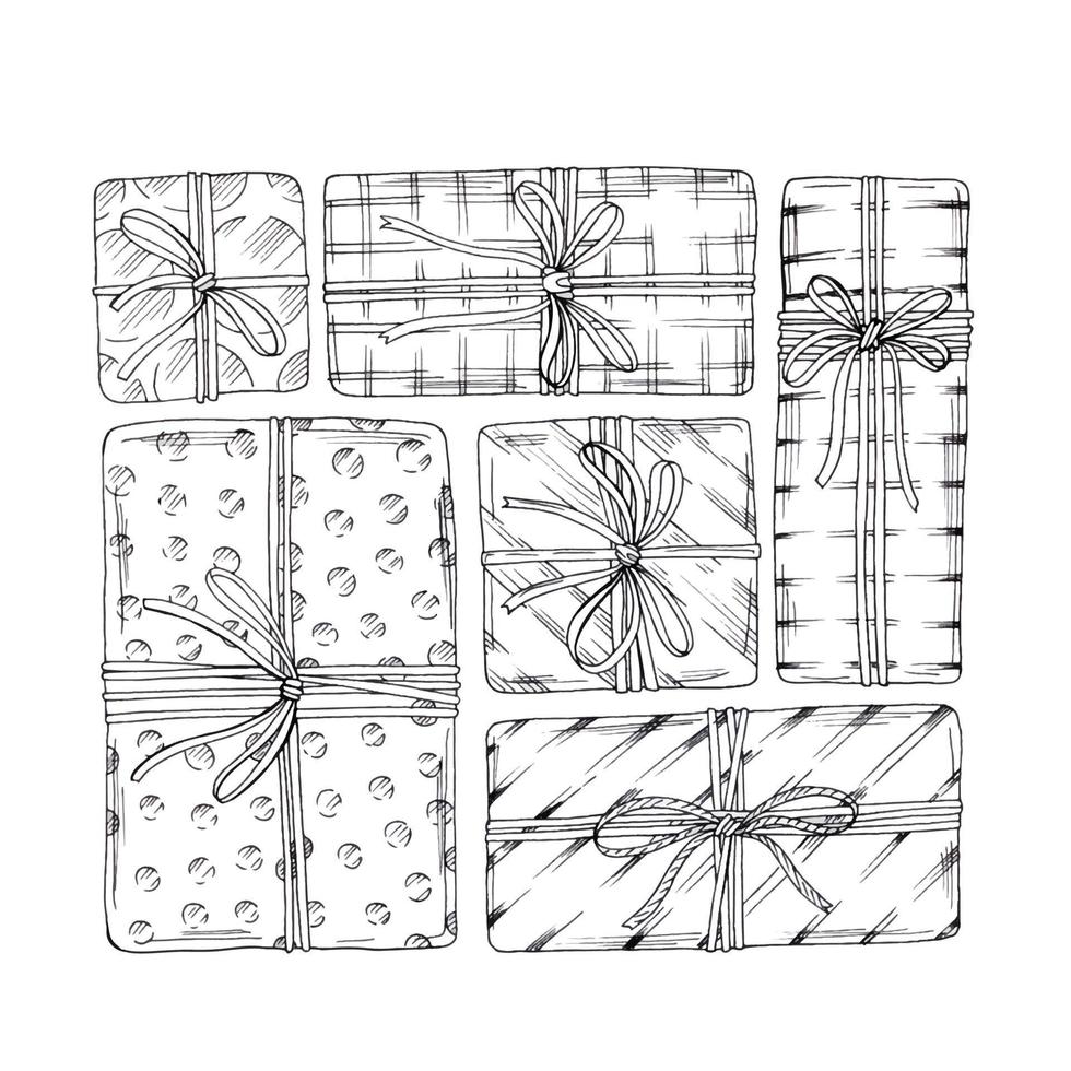 Gift boxes with ribbons set. Hand drawn doodle sketch. Isolated holiday items. Vector image.