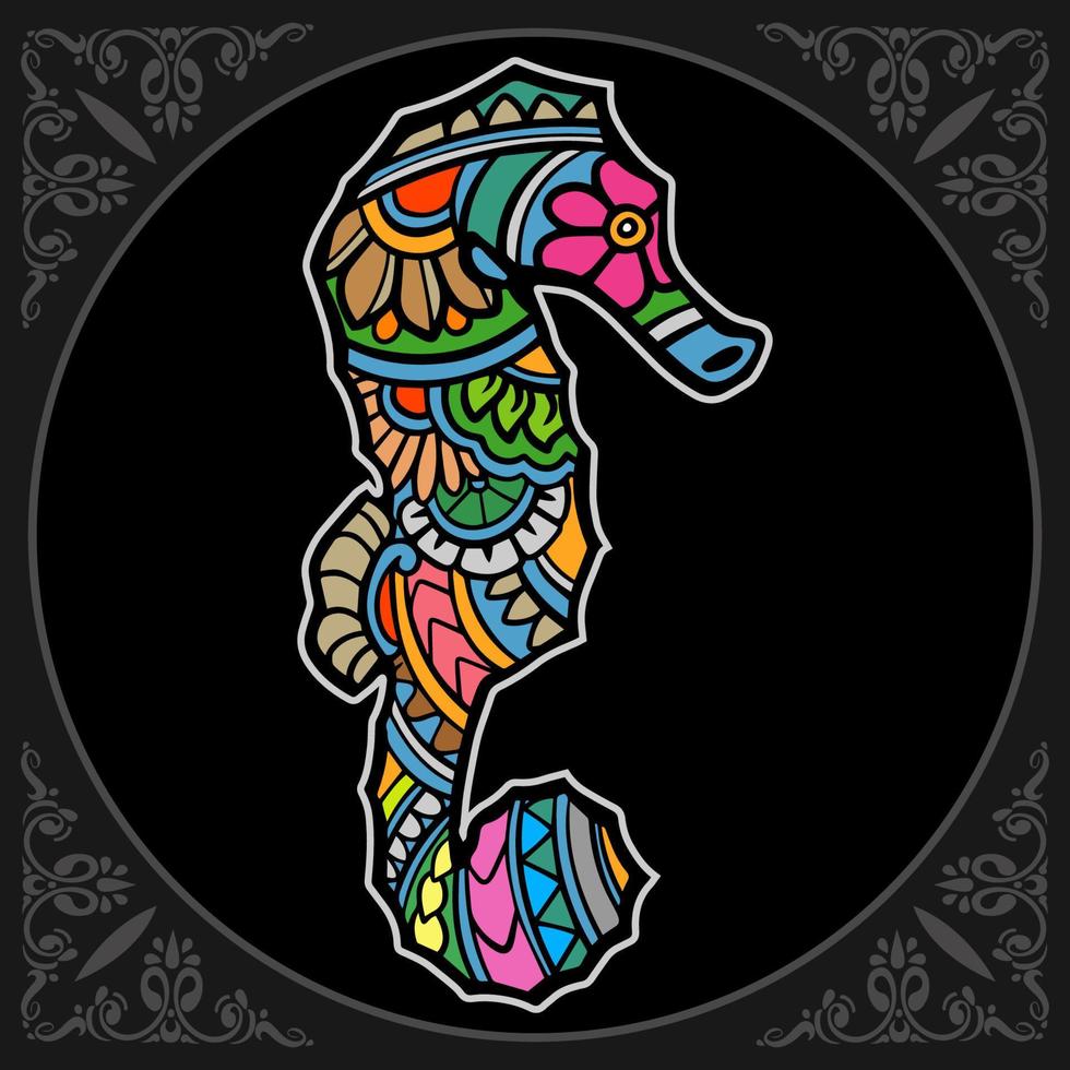 Colorful sea horse mandala arts isolated on black background vector