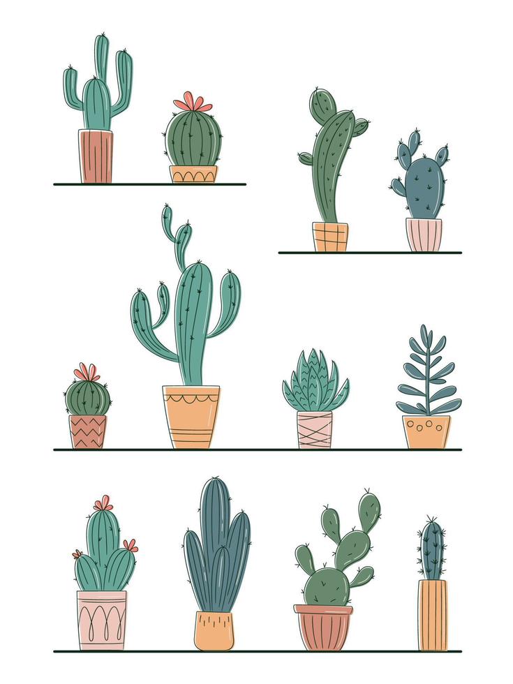 conjunto de vectores de cactus y suculentas. cactus en un ícono del logotipo de la olla. plantilla para decorar diseños e ilustraciones