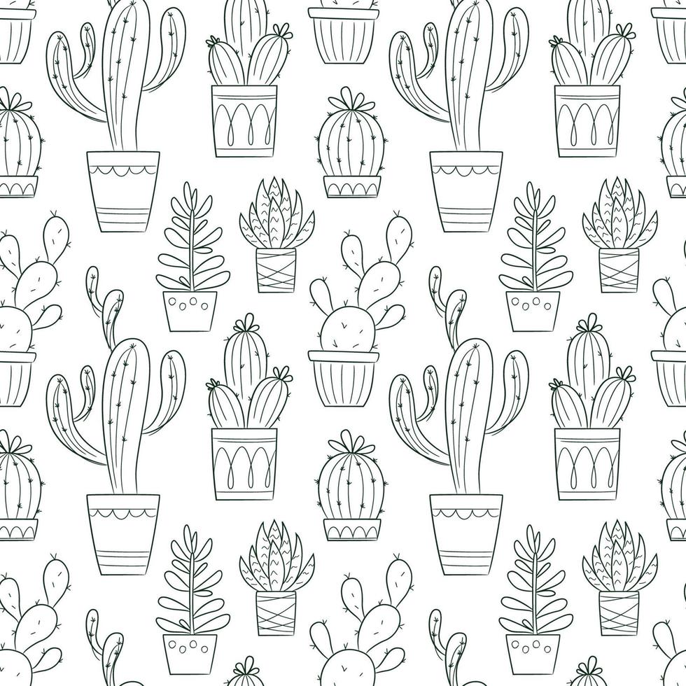 Vector seamless pattern with outline hand drawn cactus and succulents. Cacti in pots. Beautiful floral design elements, perfect for prints and surface. Repeating hand drawn background