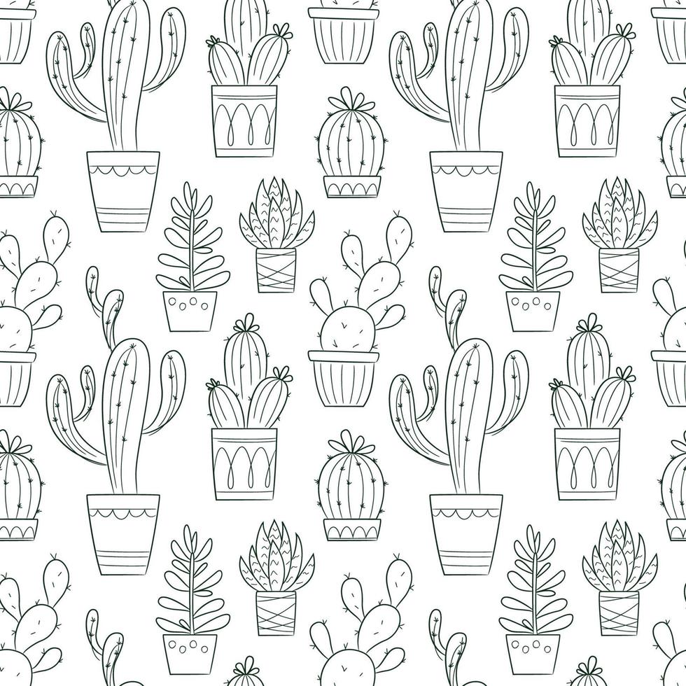 Vector seamless pattern with outline hand drawn cactus and succulents. Cacti in pots. Beautiful floral design elements, perfect for prints and surface. Repeating hand drawn background