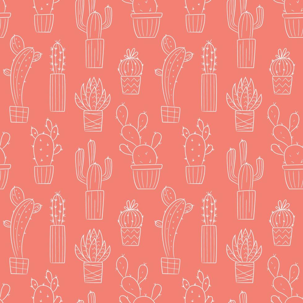 Vector seamless pattern with outline hand drawn cactus and succulents on coral background. Cacti in pots. Beautiful floral design elements, perfect for prints and surface