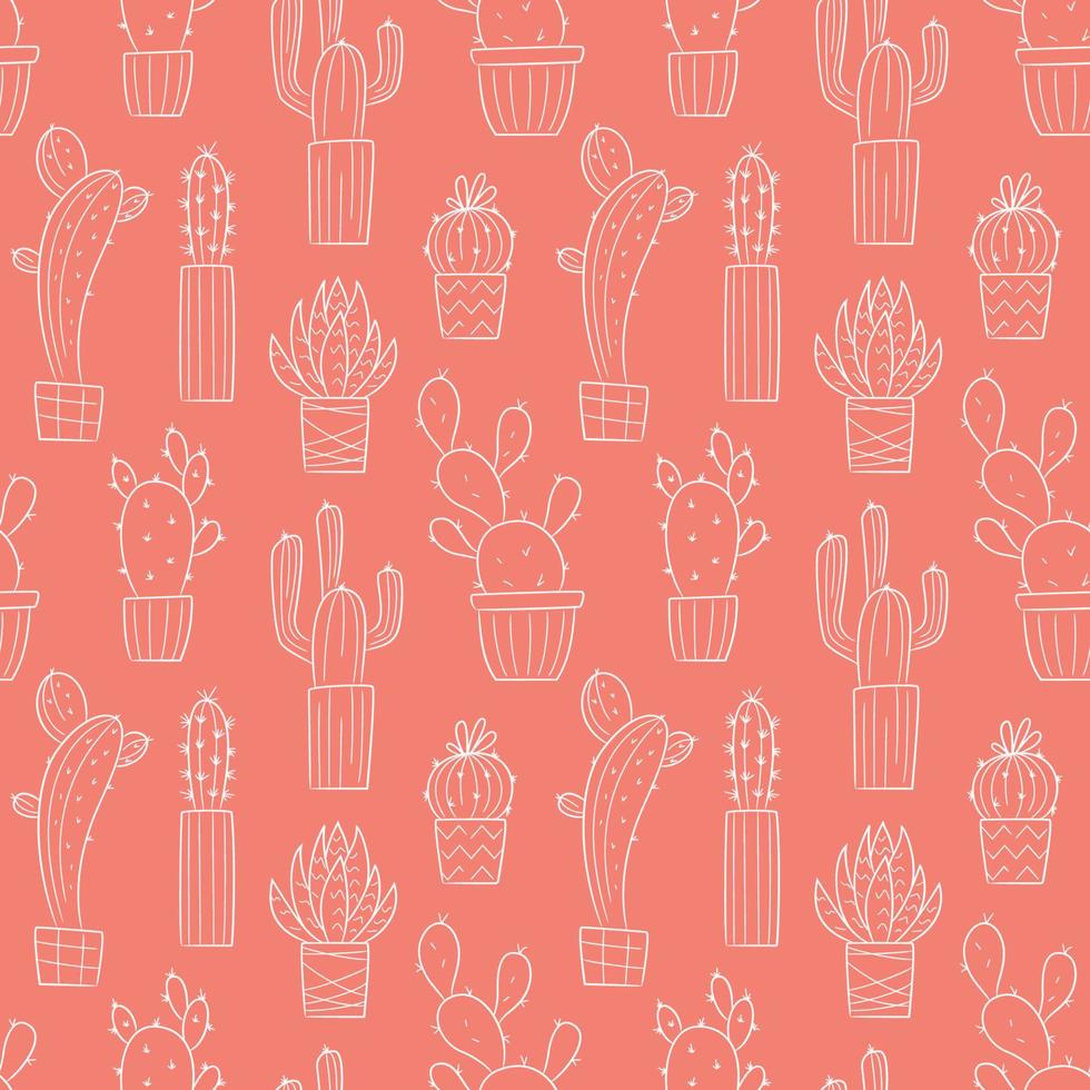 vector patrón sin costuras con contorno dibujado a mano cactus y suculentas sobre fondo de coral. cactus en macetas. hermosos elementos de diseño floral, perfectos para impresiones y superficies