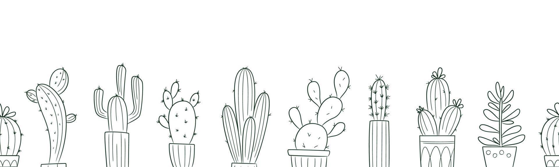 Seamless Horizontal Pattern with Cactus in pots. Vector Background