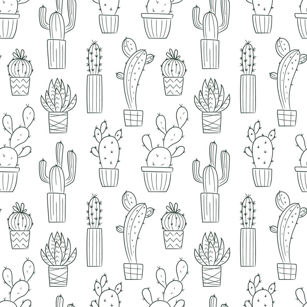 vector patrón sin costuras con contorno dibujado a mano cactus y suculentas. cactus en macetas. hermosos elementos de diseño floral, perfectos para impresiones y superficies. repitiendo fondo dibujado a mano