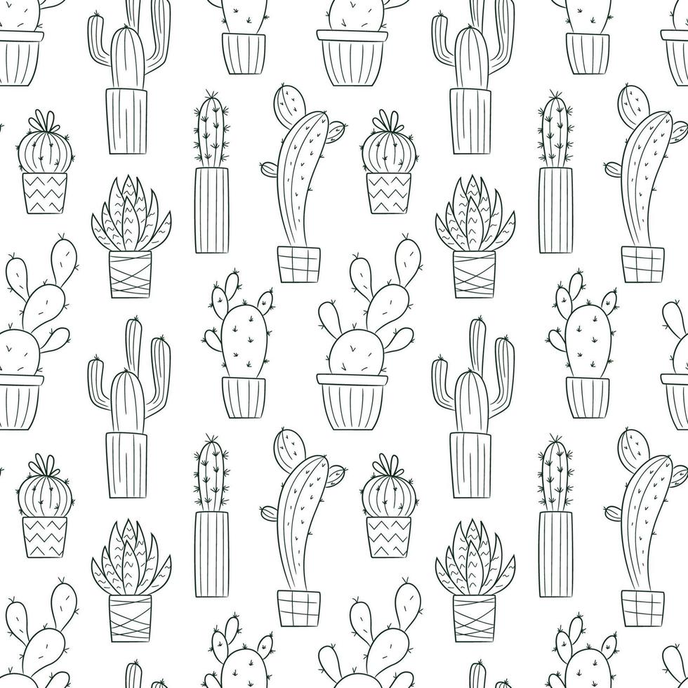 Vector seamless pattern with outline hand drawn cactus and succulents. Cacti in pots. Beautiful floral design elements, perfect for prints and surface. Repeating hand drawn background