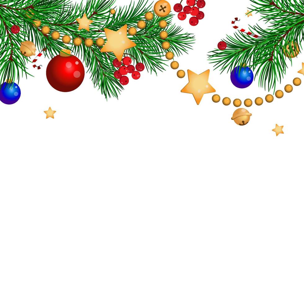 Christmas decoration, frame vector illustration. drawing of fir branches with balls and garlands, bells, candy canes