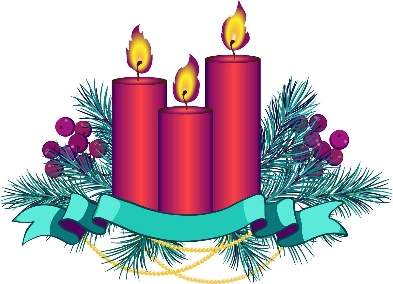 arreglo navideño con ramas de abeto, velas, cinta, campanas y guirnaldas doradas vector