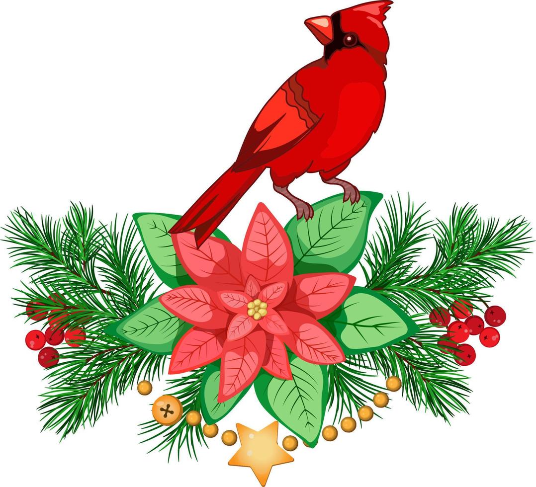 arreglo navideño con pájaro cardenal, ramas de abeto, poinsettia, bola de navidad, guirnaldas y campanas. imágenes prediseñadas de feliz navidad. decoración de invierno imágenes prediseñadas vectoriales vector