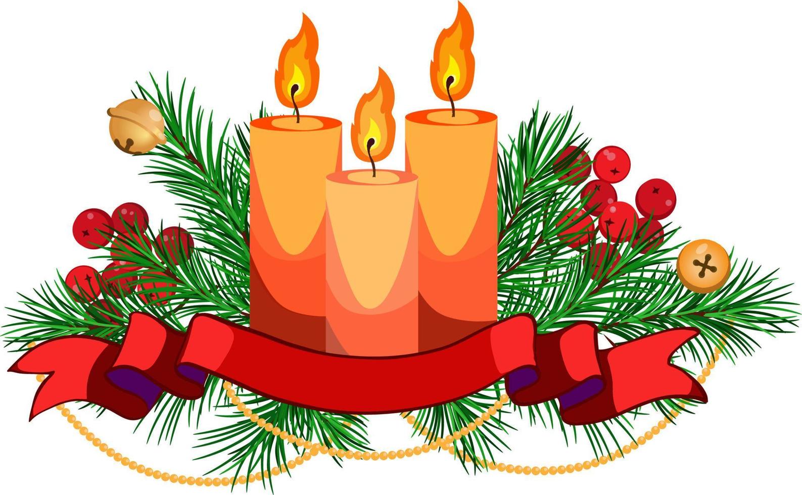 arreglo navideño con ramas de abeto, velas, cinta, campanas y guirnaldas doradas. decoración de invierno vector