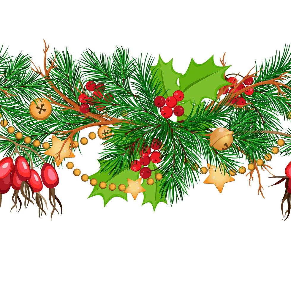 christmas seamless pattern with fir branches, berry and golden garland. Winter decor vector