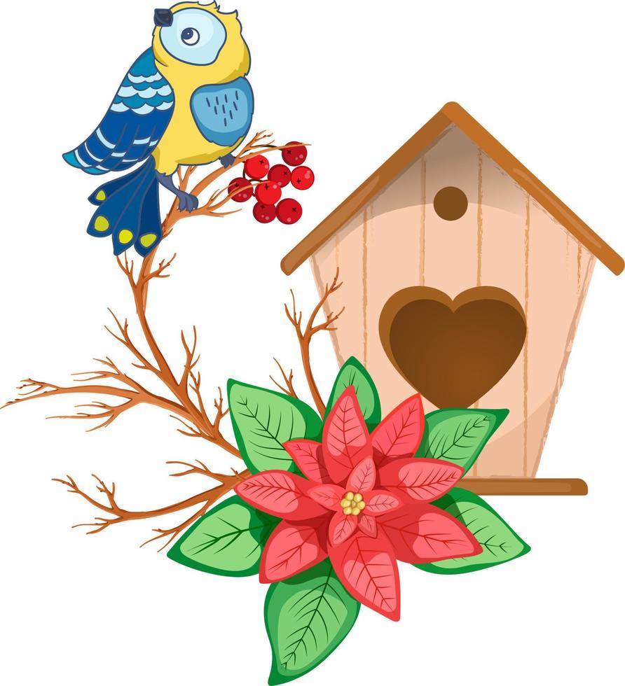 Christmas composition with titmouse, birdhouse and poinsettia. Vector illustration