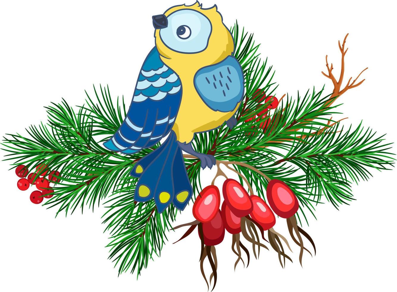 christmas composition with Great tit bird, hawthorn berries, fir branches vector