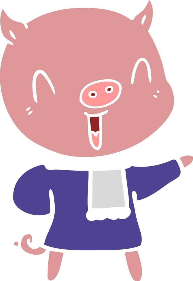 happy flat color style cartoon pig in winter clothes vector