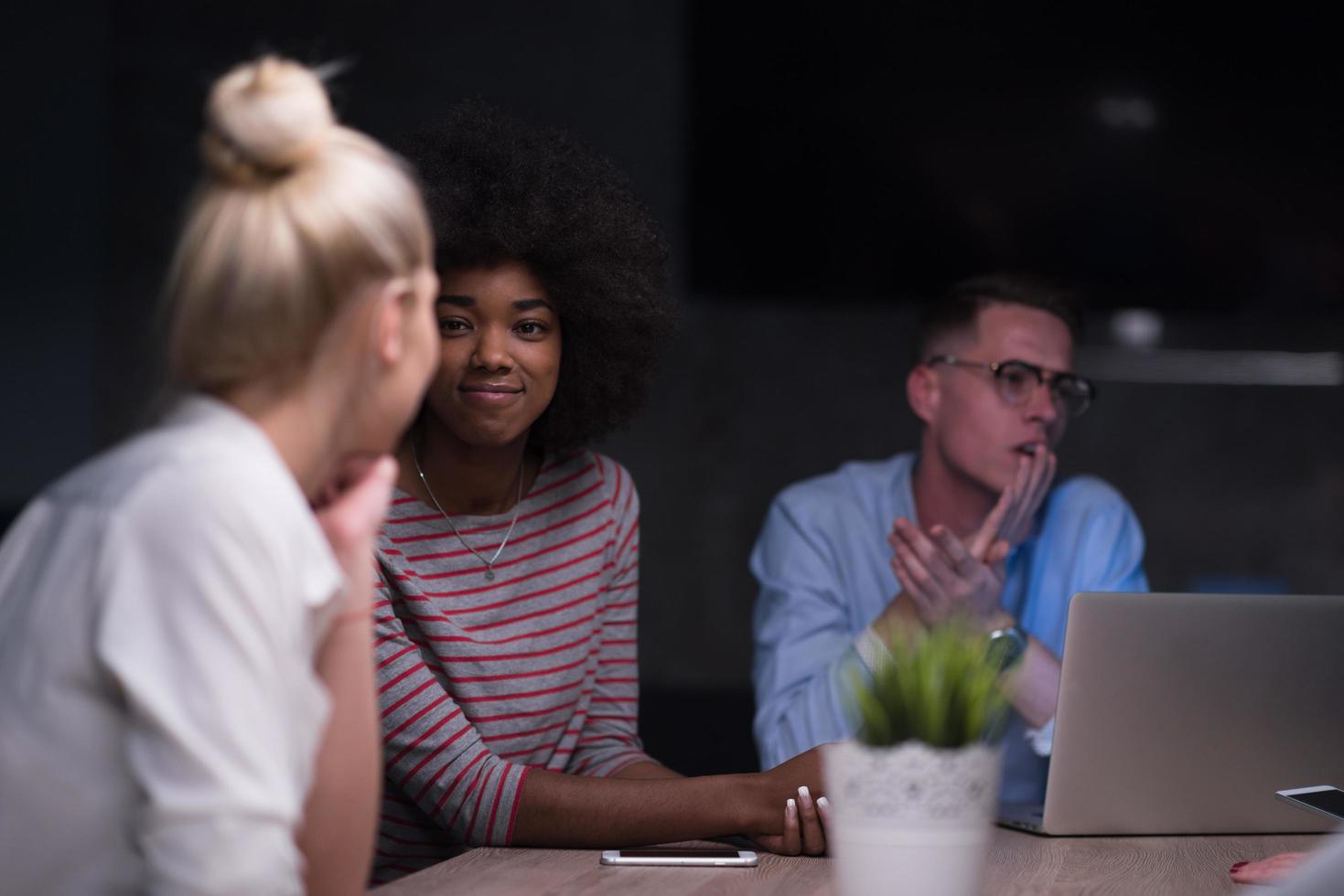 Multiethnic startup business team in night office photo