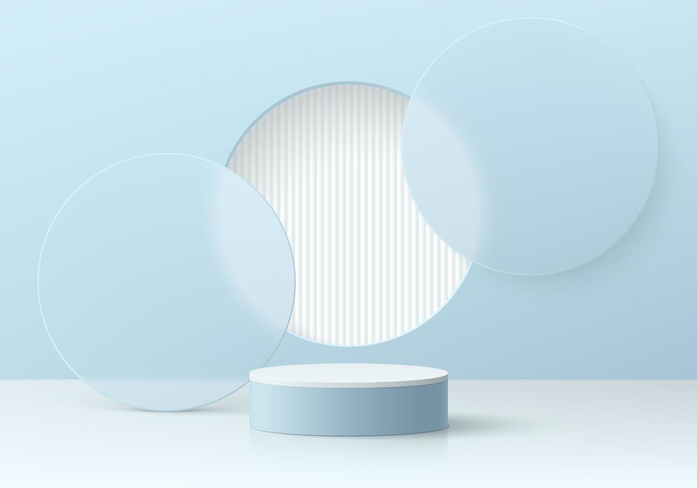 Realistic blue and white 3D cylinder pedestal podium with overlap layers round circle background. Abstract minimal scene for mockup products, stage showcase, promotion display. Vector geometric forms.