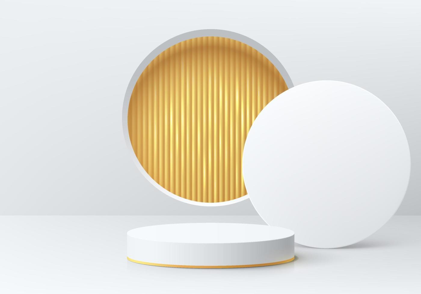 Realistic white 3D cylinder pedestal podium with golden vertical pattern in circle window background. Vector abstract geometric forms. Luxury minimal scene mockup products showcase, Promotion display.