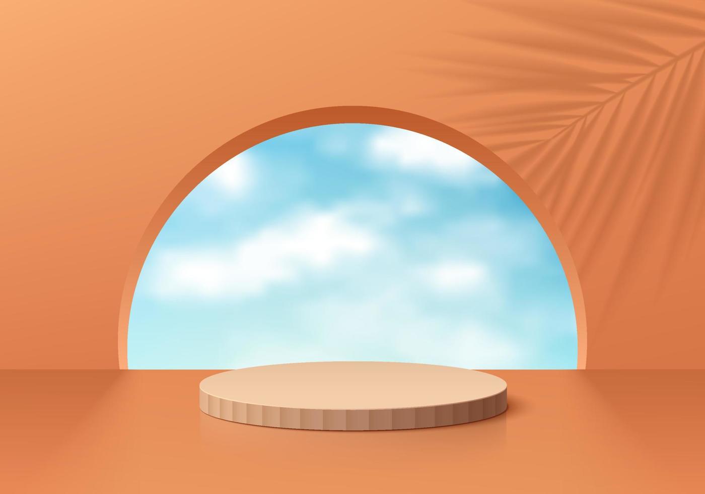 Realistic 3D orange cylinder stand podium with blue sky in round window background, Palm leaf shadow overlay. Vector abstract with geometric forms. Minimal wall scene products display. Stage showcase.