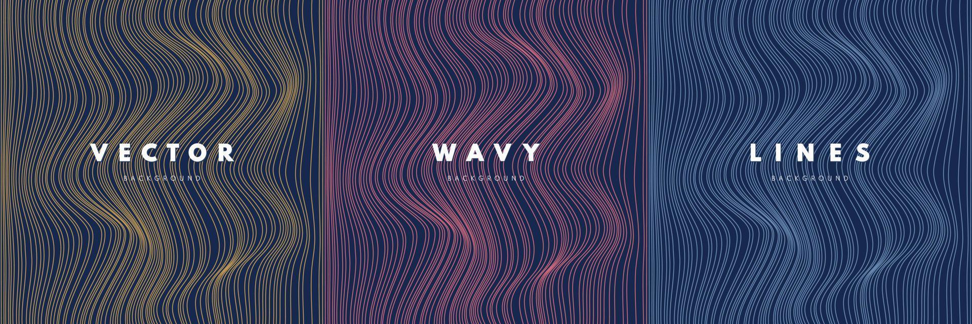 Set of abstract yellow, pink, blue curve wavy lines textures on dark blue background. Simple flat pattern design with copy space. Use for cover template, poster, web banner web, Print ad. Vector EPS10