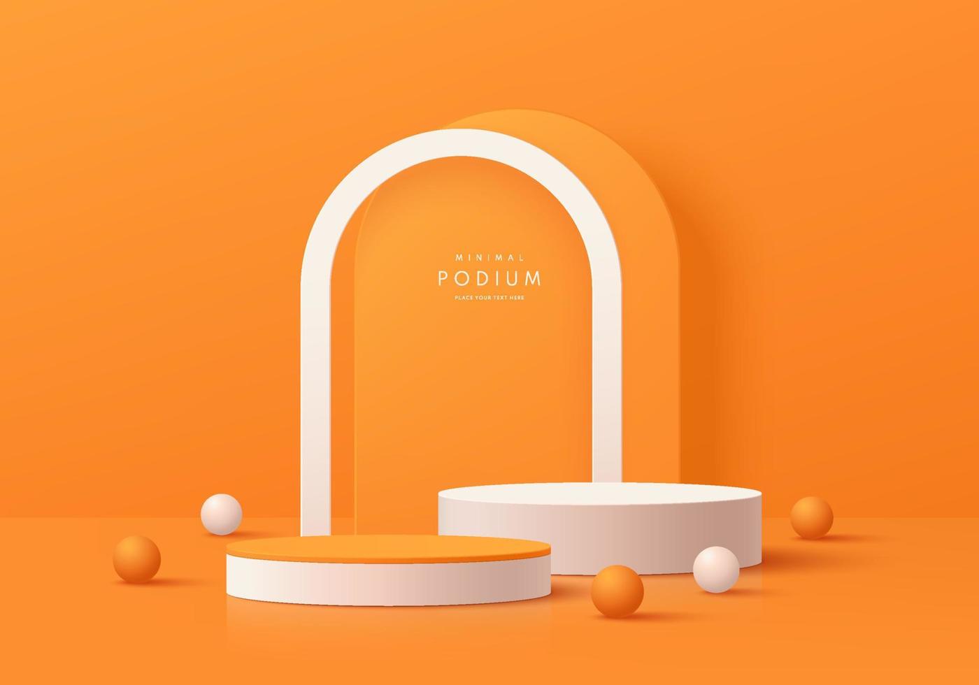 Realistic 3D orange, white cylinder pedestal podium with arch shape background and sphere balls. Abstract geometric minimal scene for mockup products display, Round stage for showcase. Vector EPS10.