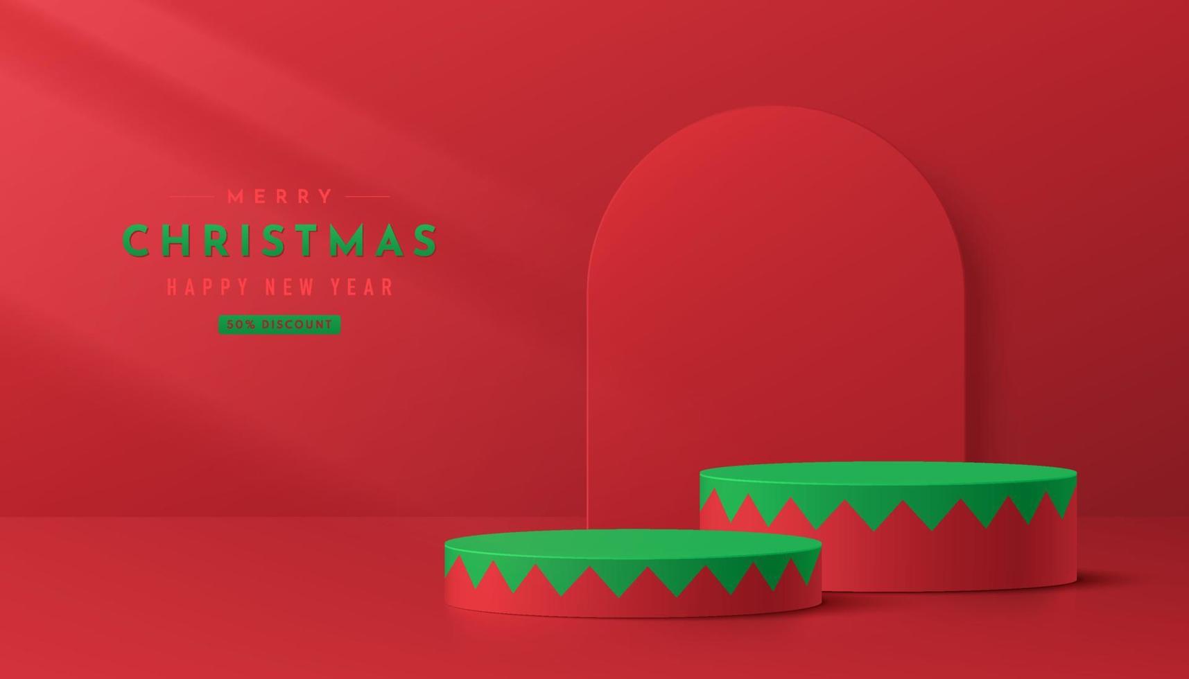 Realistic red, green 3D cylinder pedestal podium in serrated pattern style. Merry christmas concept. Abstract minimal scene mockup products, stage showcase, promotion display. Vector geometric forms.