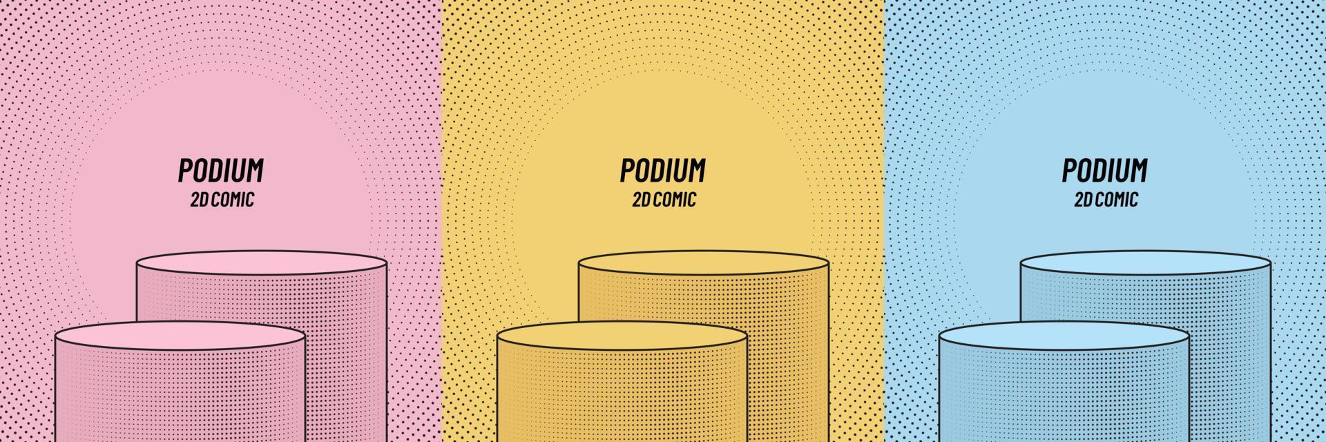 Set of round stand podium with black lines in cartoon comic style. Collection of pink, yellow, blue background with halftone dots pattern. Vector 2d shape product display presentation. Simple flat.