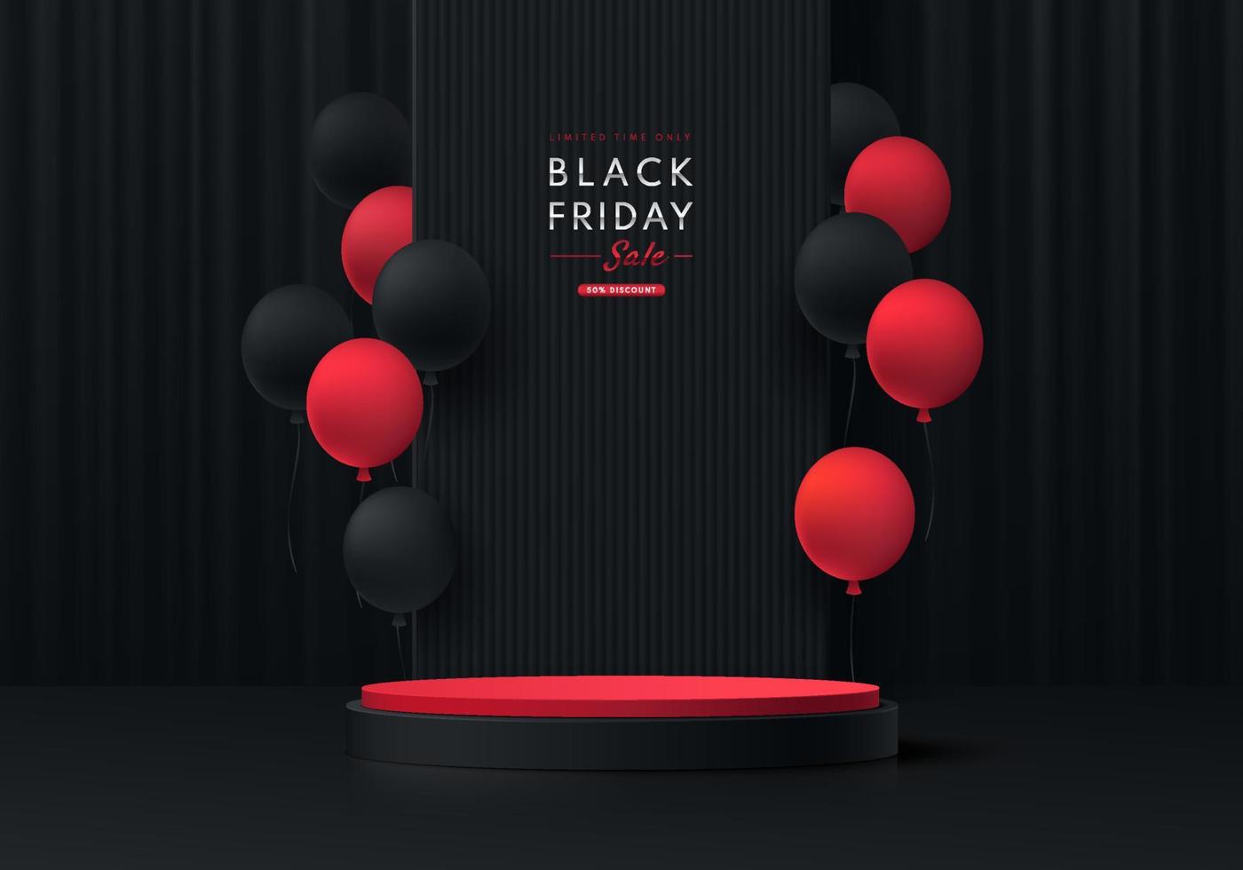 podio de pedestal de cilindro rojo y negro 3d realista con fondo de cortina negra y globo rojo. concepto de venta de viernes negro, escena mínima abstracta de vector para exhibición de productos, exhibición de promoción.