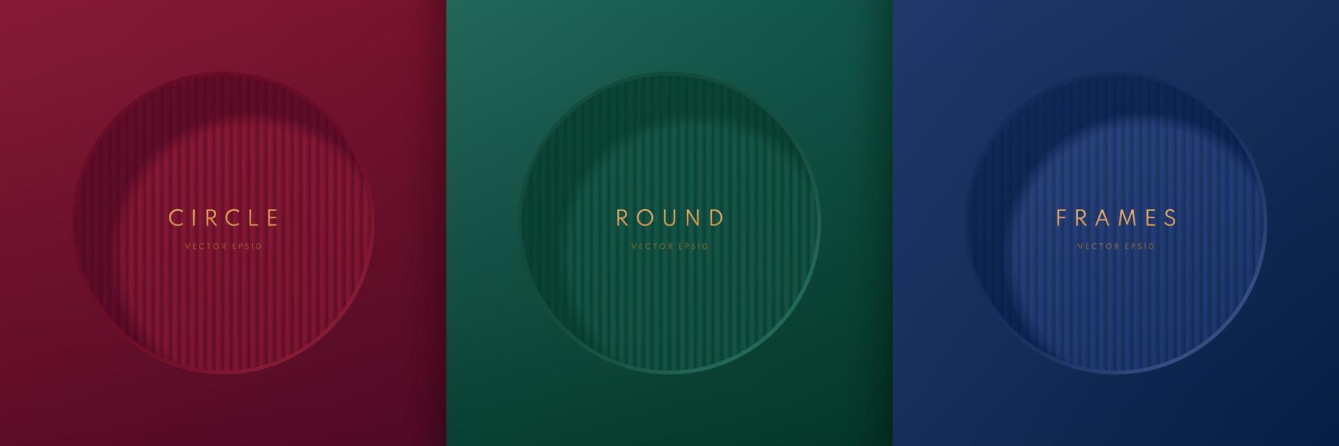 Set of vertical pattern texture in round 3D frame on dark blue, red, green luxury background. Abstract circle wall scene for mockup product display or copy space. Geometric background. Vector EPS10.