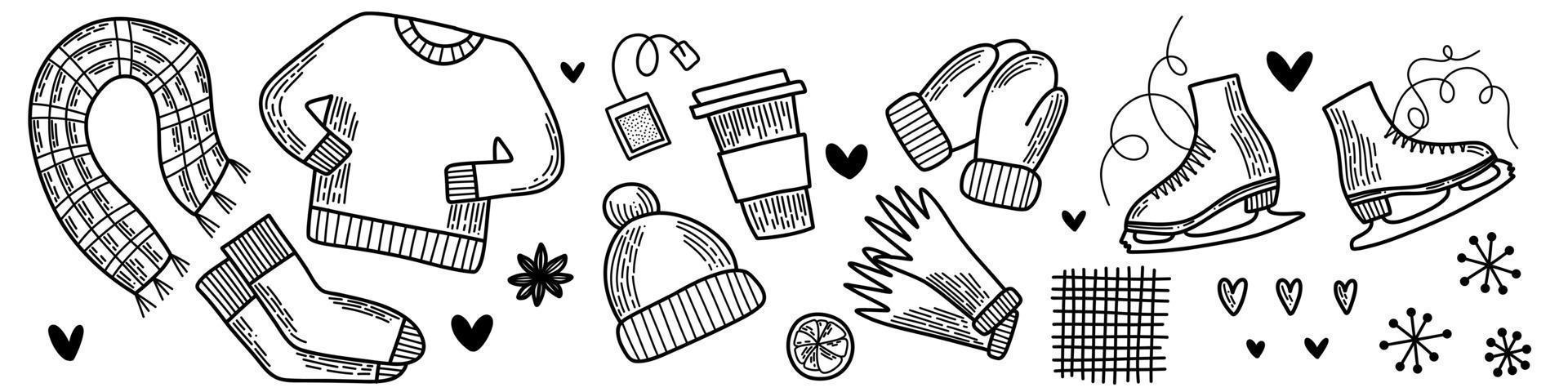 Line art set of vector elements. Pack of flat icons. Winter Hygge collection, symbol of snow, outside sports and cozy home time. Hand drawn doodle outline design for package, banners and cards.