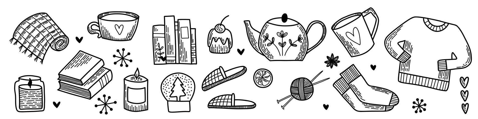 Line art set of vector elements. Pack of flat icons. Winter Hygge collection, symbol of snow, outside sports and cozy home time. Hand drawn doodle outline design for package, banners and cards.
