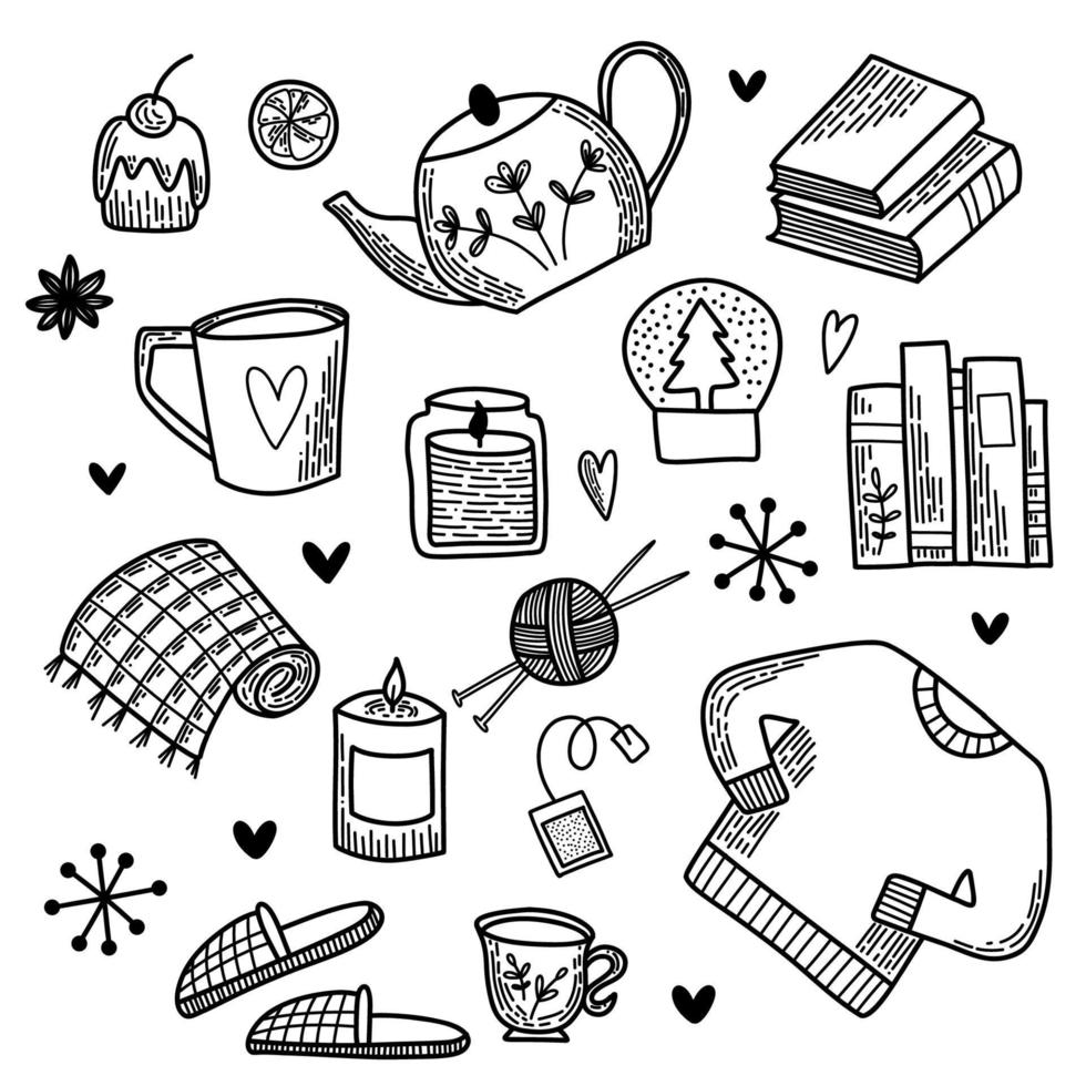 Line art set of vector elements. Pack of flat icons. Winter Hygge collection, symbol of snow, outside sports and cozy home time. Hand drawn doodle outline design for package, banners and cards.