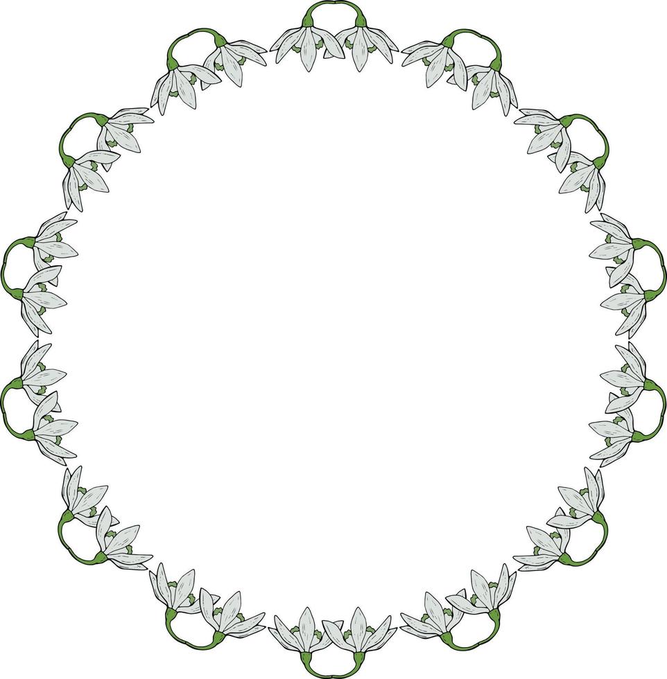 Round frame with snowdrops. Doodle style. Vector image.