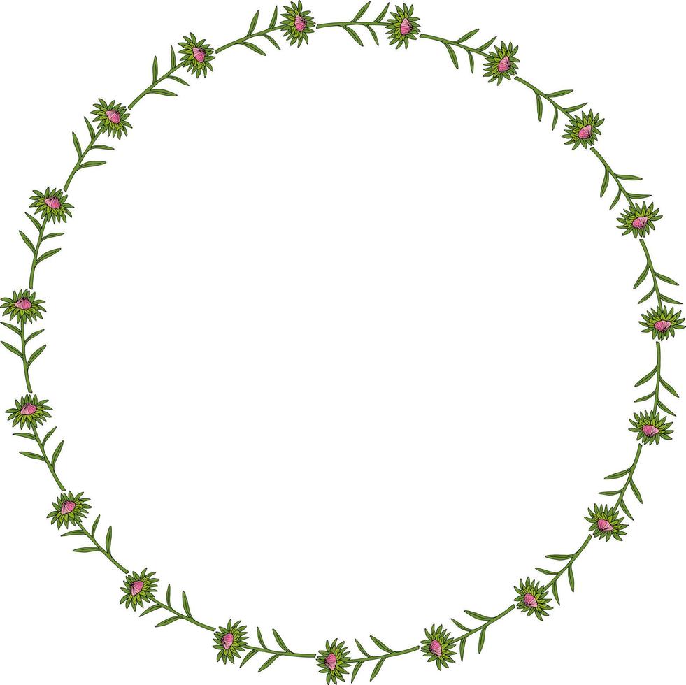 Round frame with pink aster buds on white background. Doodle style. Vector image.