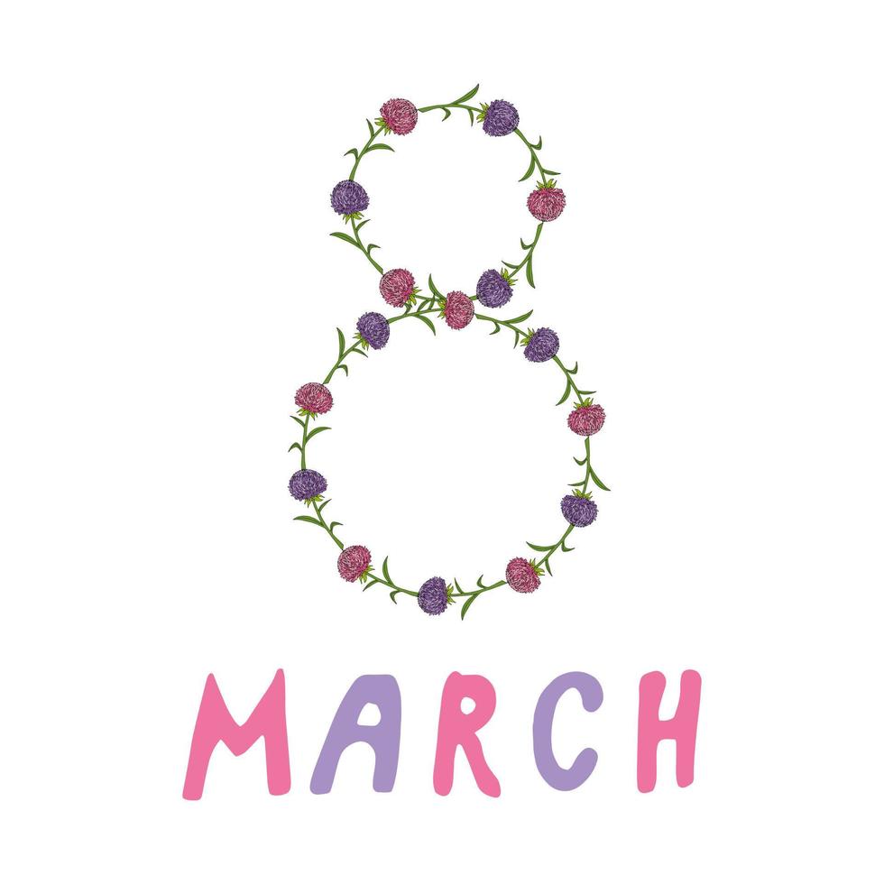 8 march in pink and violet colors on white background. Doodle style. Vector image.